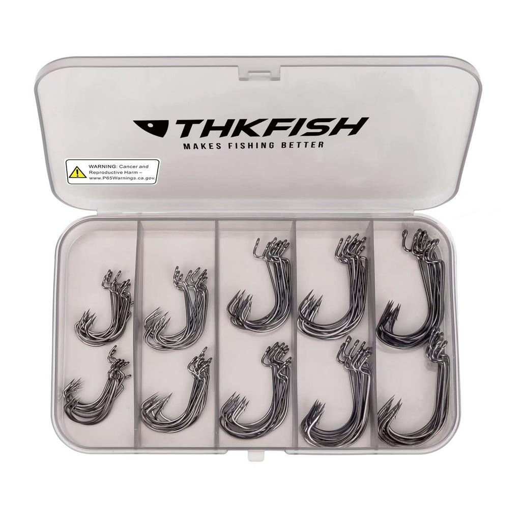 THKFISH Box Offset Hook Barbed Shank Worm Round Bend Wide Gap Offset High Carbon Steel Bass Fishing Sizes and 100-Piece Set, Hooks, Hooks, Hooks, #2,