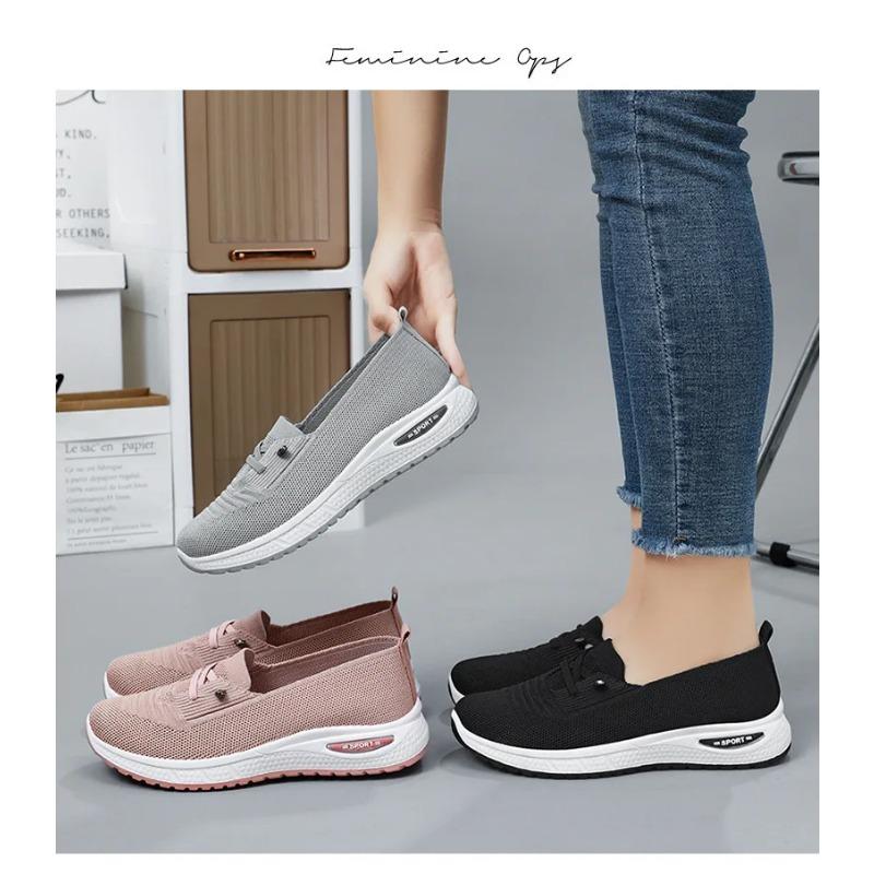 Women's Shoes New Styles Plus Size Casual Shoes Flyknit Breathable Mom Shoes Low-Cut Lightweight Flats Lace-Up Mesh Shoes