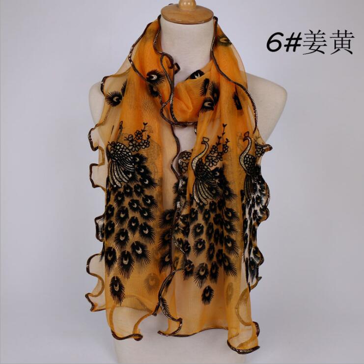 Women Chiffon Neck Scarf Flower Peacock Embroidered Lace Scarf Femmes Silk Long Soft Elegant Shawl New Spring Muffler Scarves
