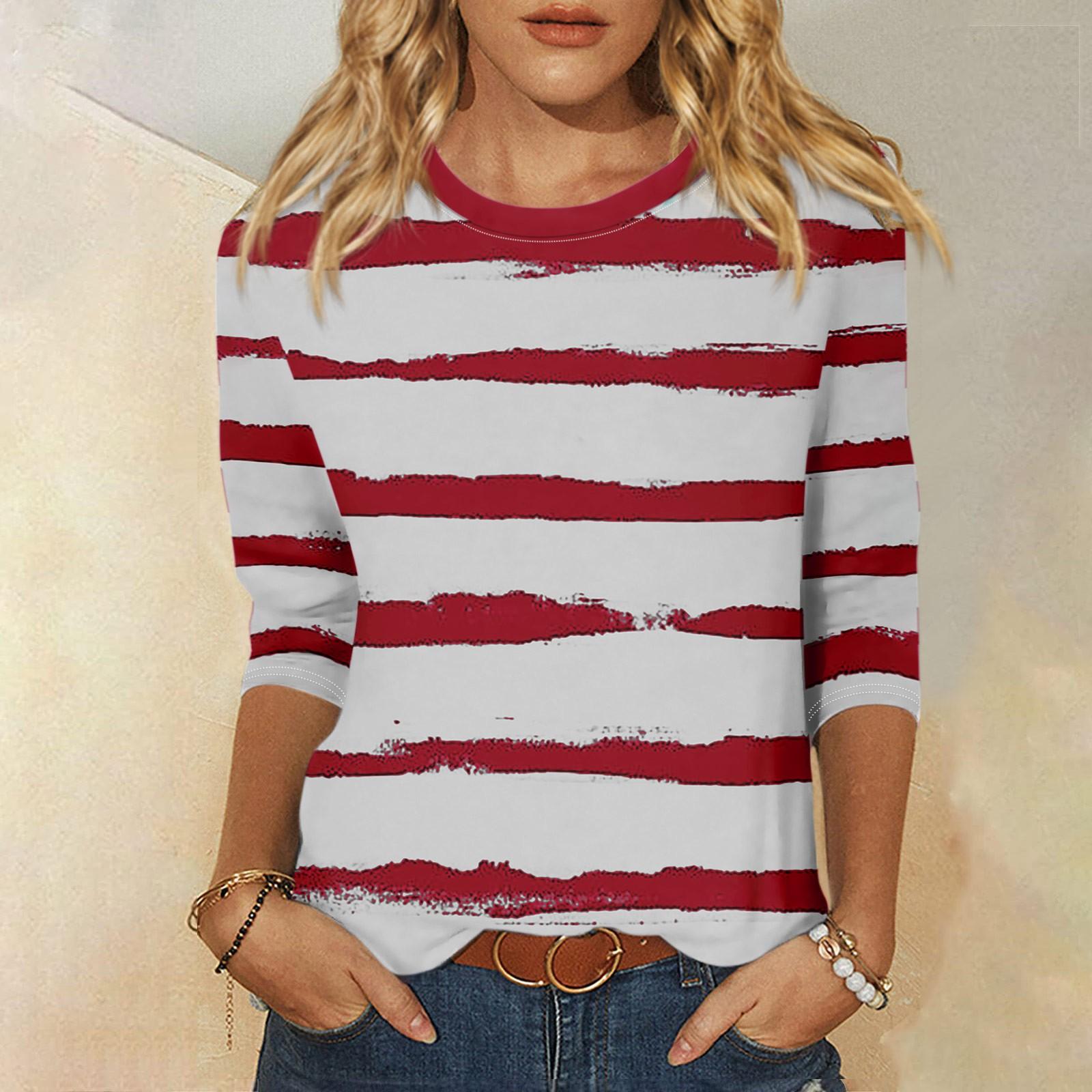 

Жіноча модна повсякденна сорочка з круглим вирізом і 3/4 рукавами, вільна футболка з принтом, жіночий топ XL винний