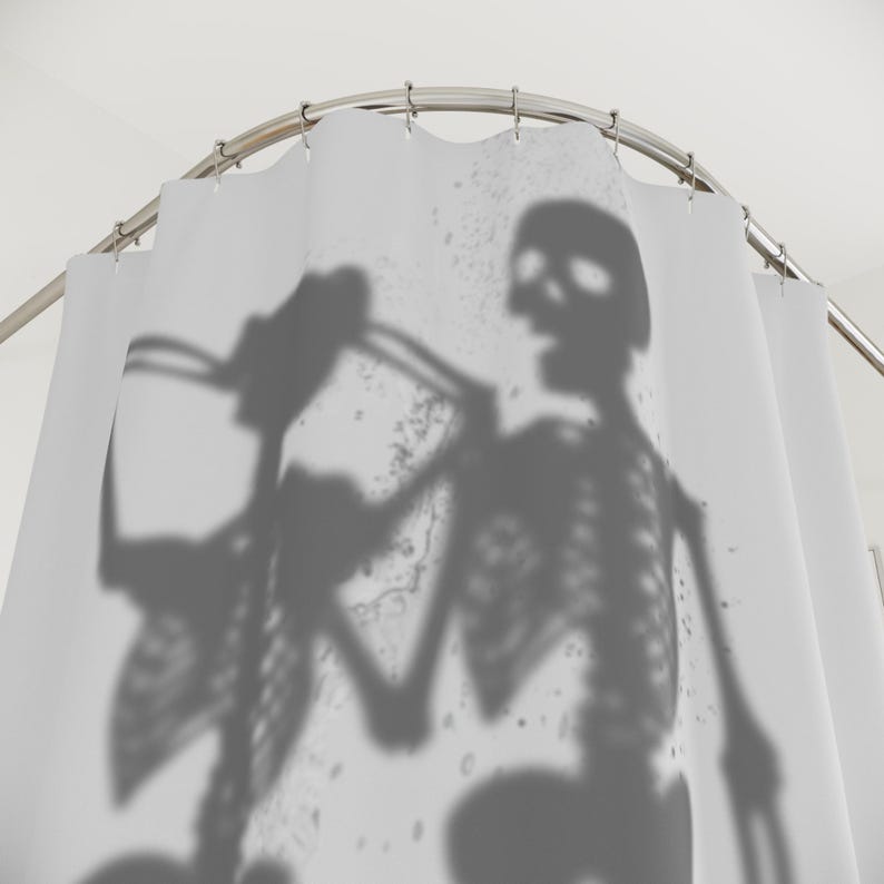 Funny Skeleton Couple Halloween Shower Curtain With Wedding Theme Pattern, Humorous Bathroom Decor For Couples Gift Idea