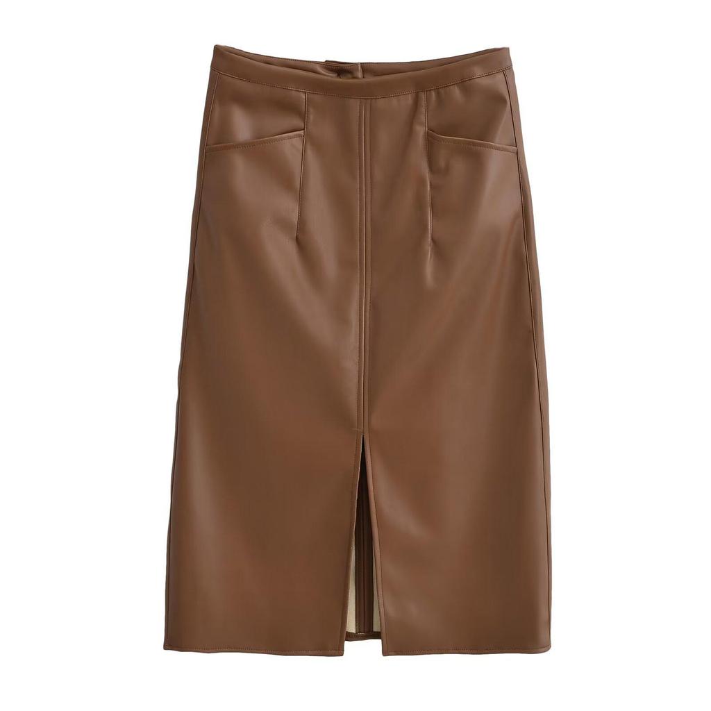 Slimming PU Leather High Slit Midi Skirt - Retro High Waist Hip-Hugging Style
