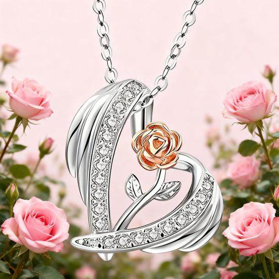 Valentine Day Necklace 3D Rose Heart Pendant Adjustable Length Necklace Clavicle Necklace Cubic Zircon Inlaid Charm Necklace