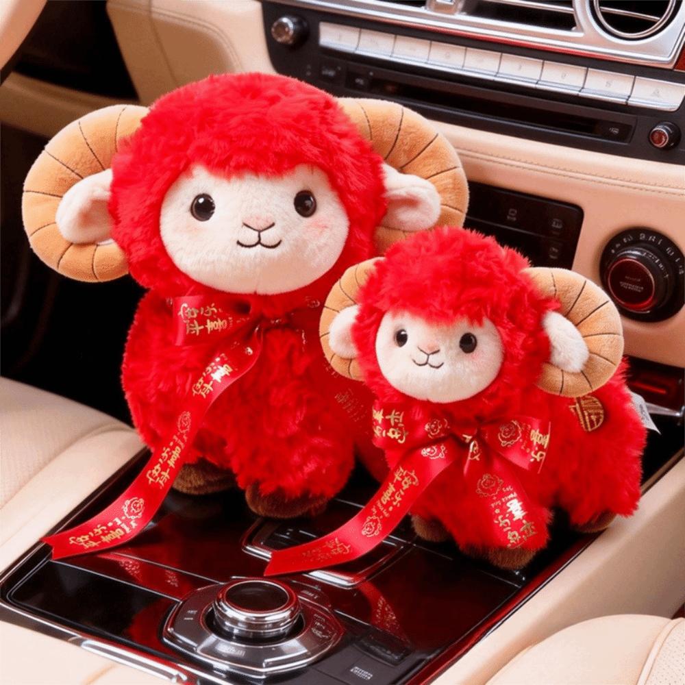PP Cotton Filled Stuffed Plush Sheep with Bow Ribbon Zodiac Sheep Keychain Car Interiors