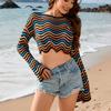 Spring/summer New Women's Pullover Patchwork Short Sleeve Crewneck Striped Knit Bikini Beach Cover-up