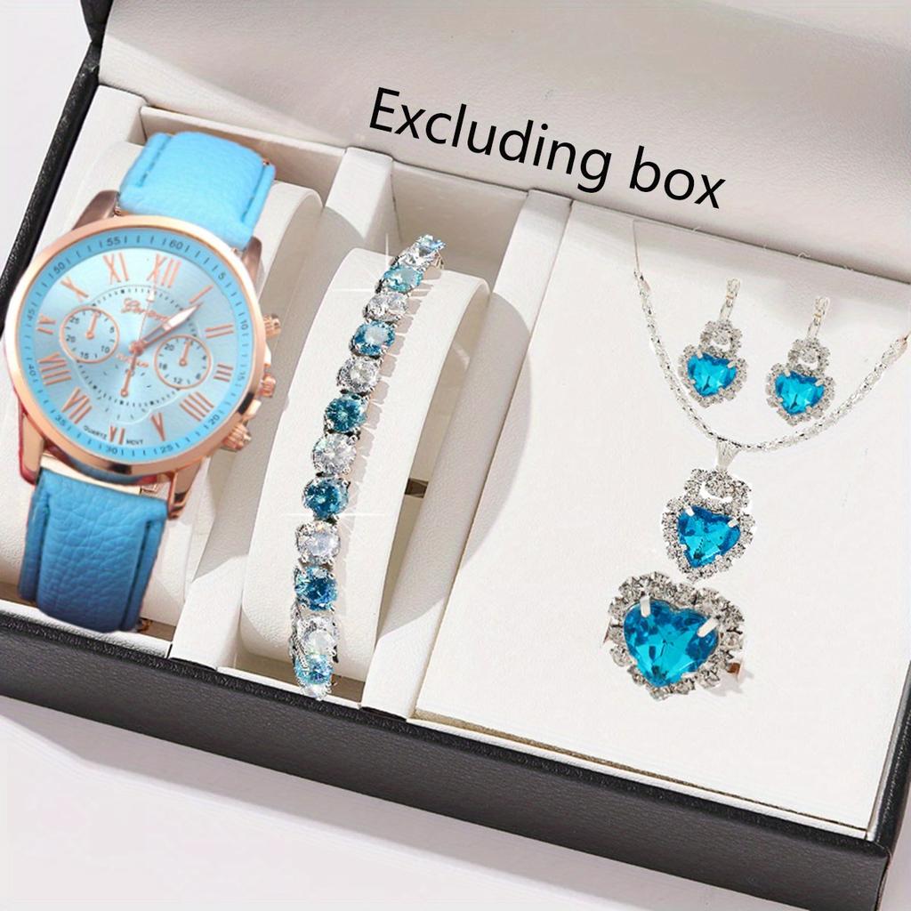 5 Stück/Set - Modische Damenuhr mit schlichtem römischem Zifferblatt Quarzuhr Damenuhr mit Lederarmband Schmuckset (kein Kasten)