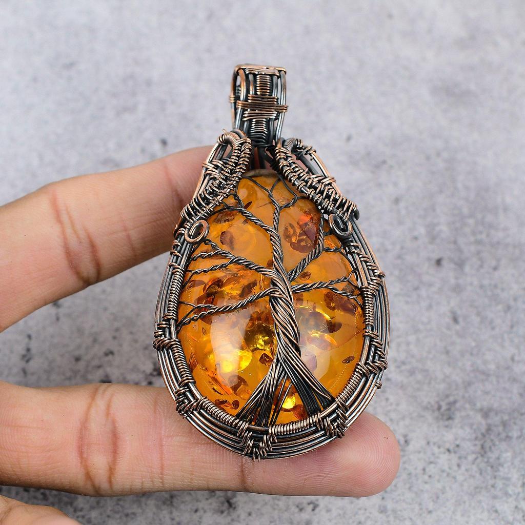 Tree Of Life Baltic Amber Pendant, 999 Copper Wire Wrapped Gemstone Jewelry, Handmade Pendant For Mother Day