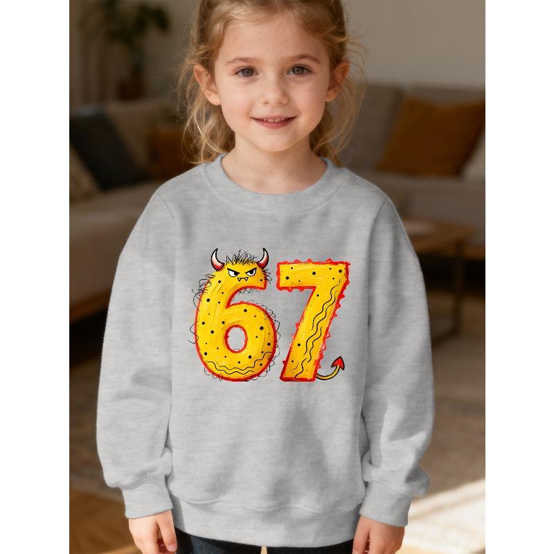 Kids Unisex Pink Crewneck Sweatshirt, Cartoon Monster Style Number 67 Print With Horns And Devil Tail, Soft Sweatshirt for Boys Girls Over 4 Years Old