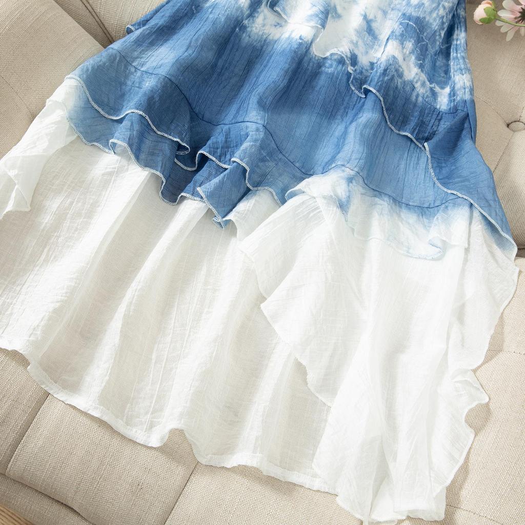 French Style Lotus Leaf Waist-Cinching Tie-Dye Dress - Short-Sleeved, Mid-Length Summer Skirt