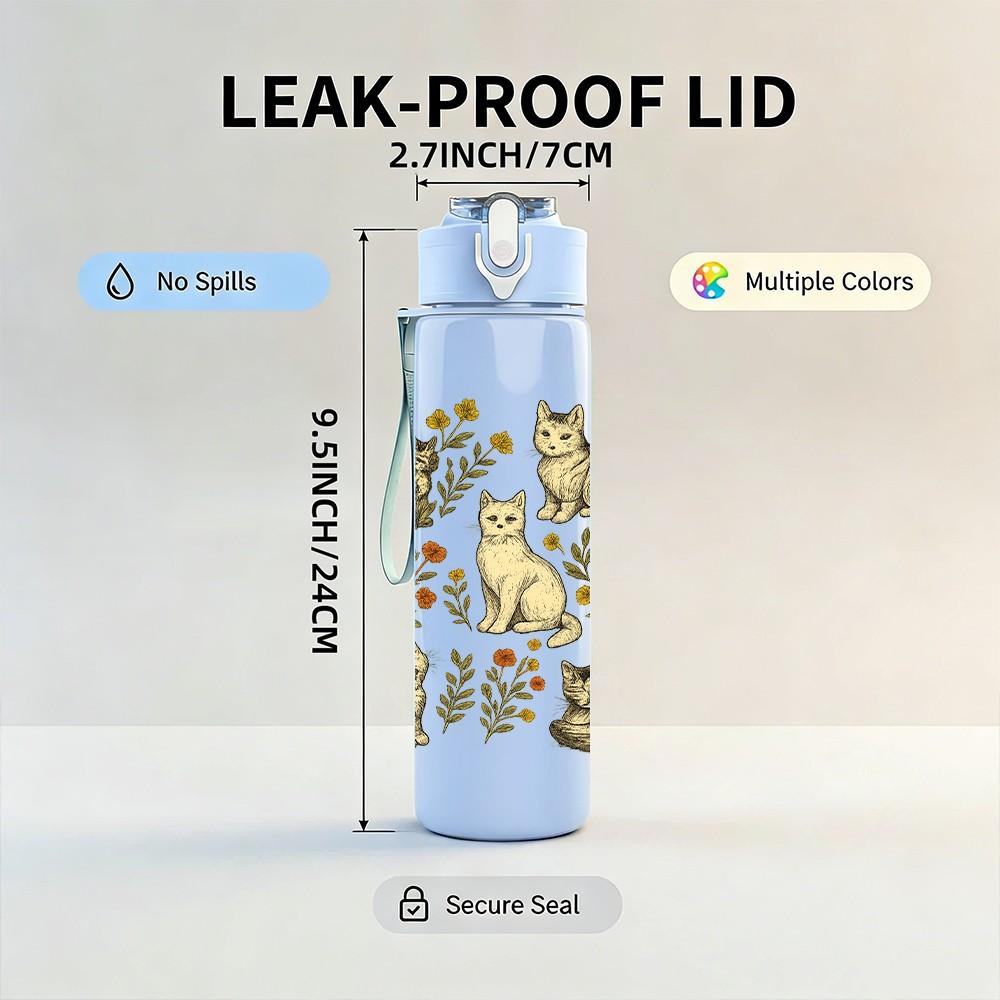 1PC Multiple Cat Collection Print 750ml Color Plastic Sports Water Bottle Leakproof Flip Straw Lid Suitable for Sports Office Home Use