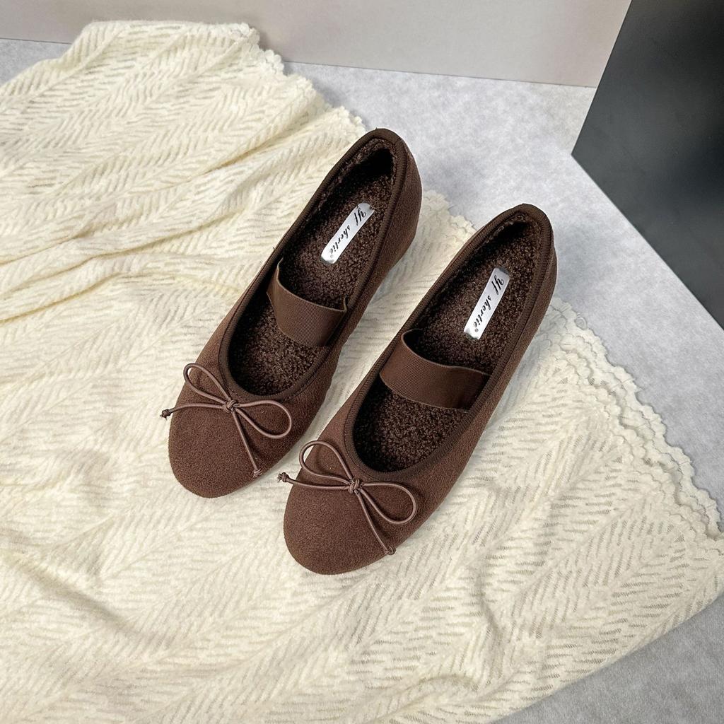 5 cm higher bow elastic band fluffy shoes women's 2025 new ballet style velvet warm round head single shoes