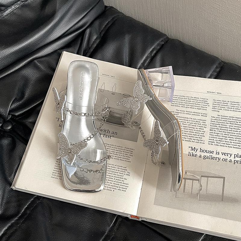 Rhinestone bow transparent cool slippers women's summer wear new fashionable exquisite versatile high heels
