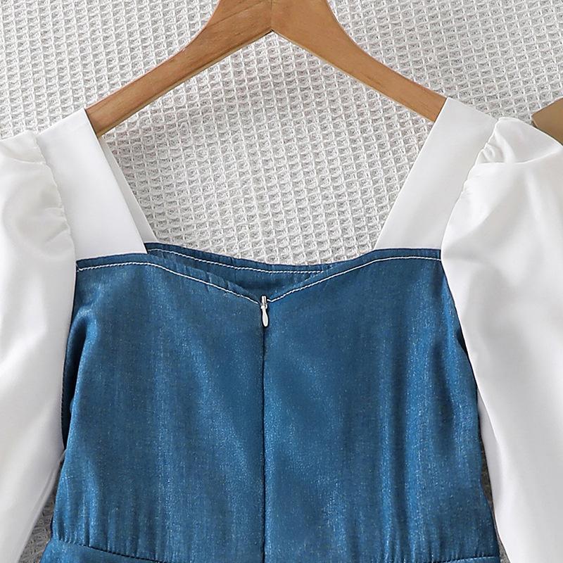 Girls Dress for Children's Clothing 2025 Autumn Square Collar Bow Long Sleeve Splicing Denim Skirt for Girl