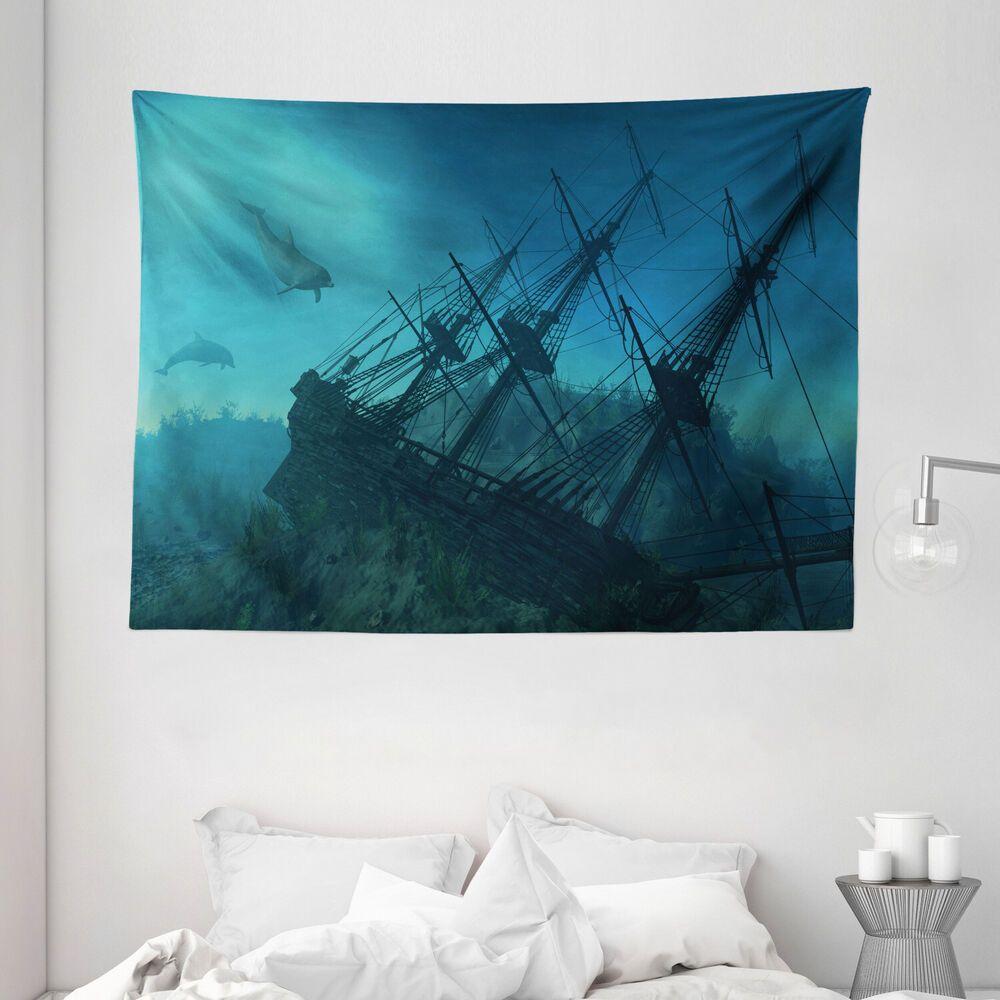 tapestry of ocean life, dolphins, ship, sea 75x100 чёрный