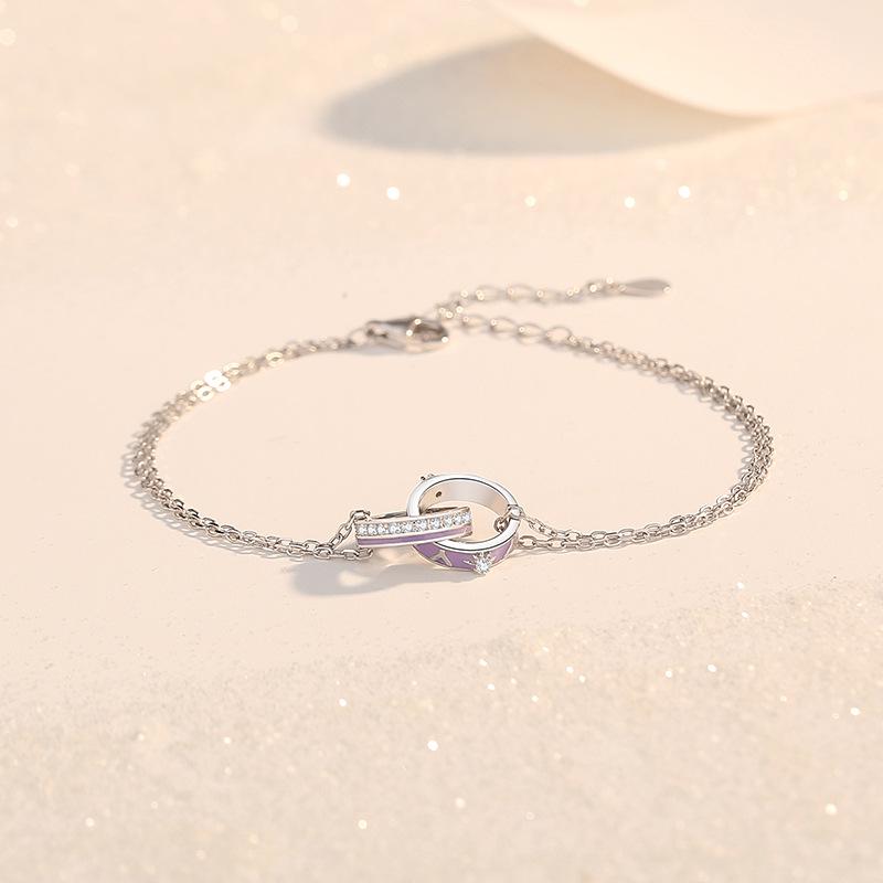 Tichya Interlocking Couple Bracelet, S925 Sterling Silver Enamel Double Ring Jewelry 925 Silver