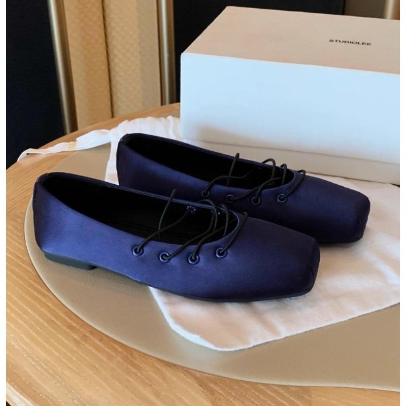Sheepskin Version Mary Jane Shoes Women's Single Shoes, Extravagant Satin Temperament, Square Head Cross Strap, Ballet Flats