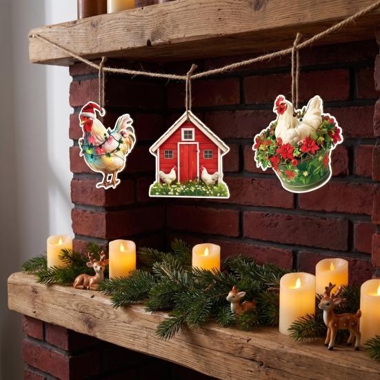 Christmas Gift Embellishments 10/20/30Pcs 2D Flat Farmhouse Chicken Wooden Hanging Ornament, Rooster Hen Coop Barn Barnyard Theme Charms Farm Pendants