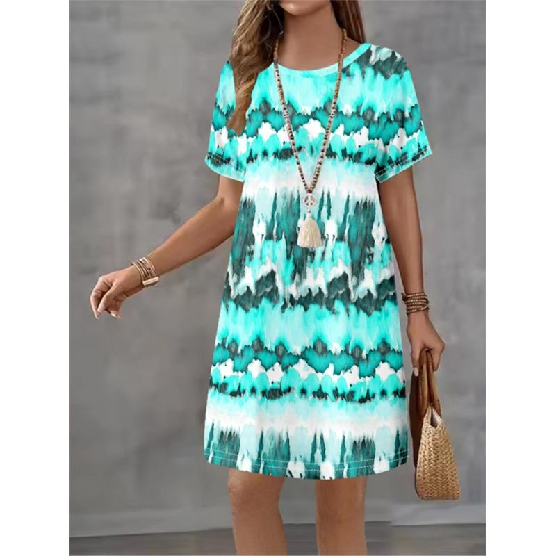 Ladies' Summer Striped Gradient Printed Short Sleeve Round Neck Dress Fashion Design Elegant Temperament Women Mini Casual Dress
