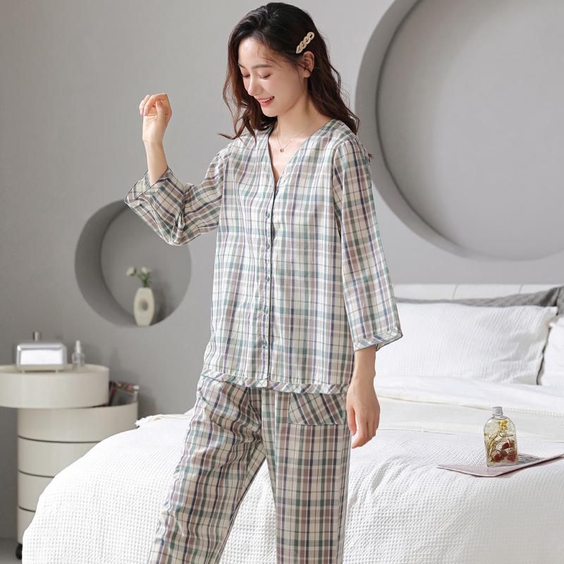 Women's pajamas: spring/summer pure cotton pure cotton, summer plaid woven cotton nine-quarter sleeve long pants, thin loungewear set