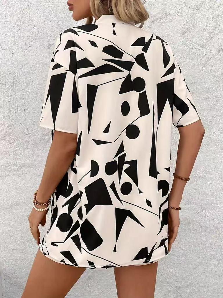 2025 Trendy Vacation Print Two-Piece Set: Elegant Short Sleeve Top & Tie-Waist High Waist Shorts