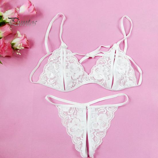 2 Pcs/Set Sexy Underwear Hollow Out Lace Solid Color Wireless Unpadded Open Crotch Elastic Spaghetti Straps Soft Lady Bra Panties Set Wedding Night