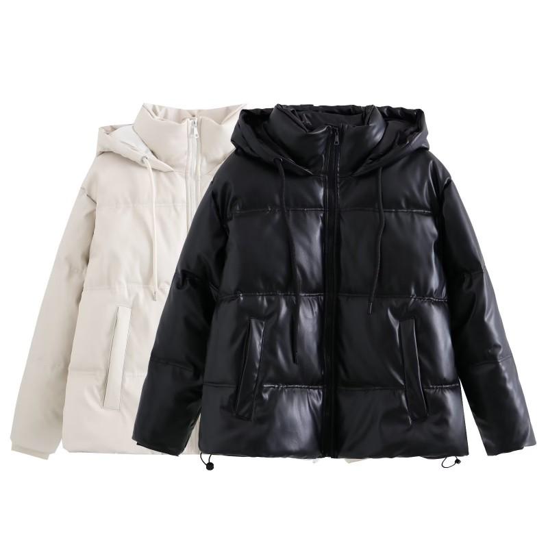 Womens Y2K Streetwear Faux Leather Hooded Puffer Jacket Warm Thick Cotton-Padded Coat Winter