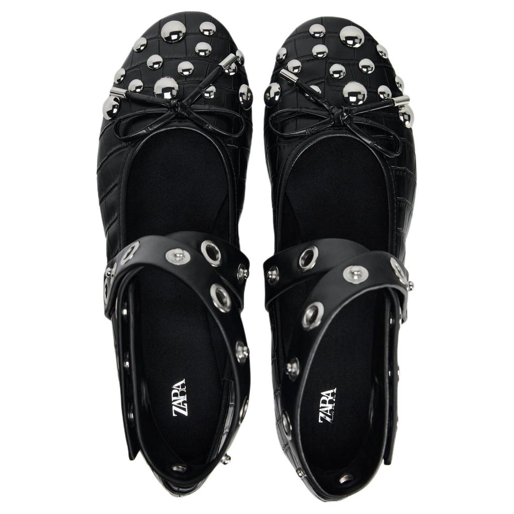 Zara Versatile Vintage Bow Detail Studded Flat Casual Shoes Women Flats Black 13578410-38