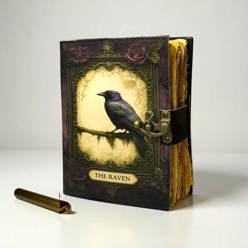 Handmade Leather Journal with Vintage Crow Art | 5x7 Inch Deckle Edge Paper Notebook | Gothic Raven Design | Gift for Writers & Artists