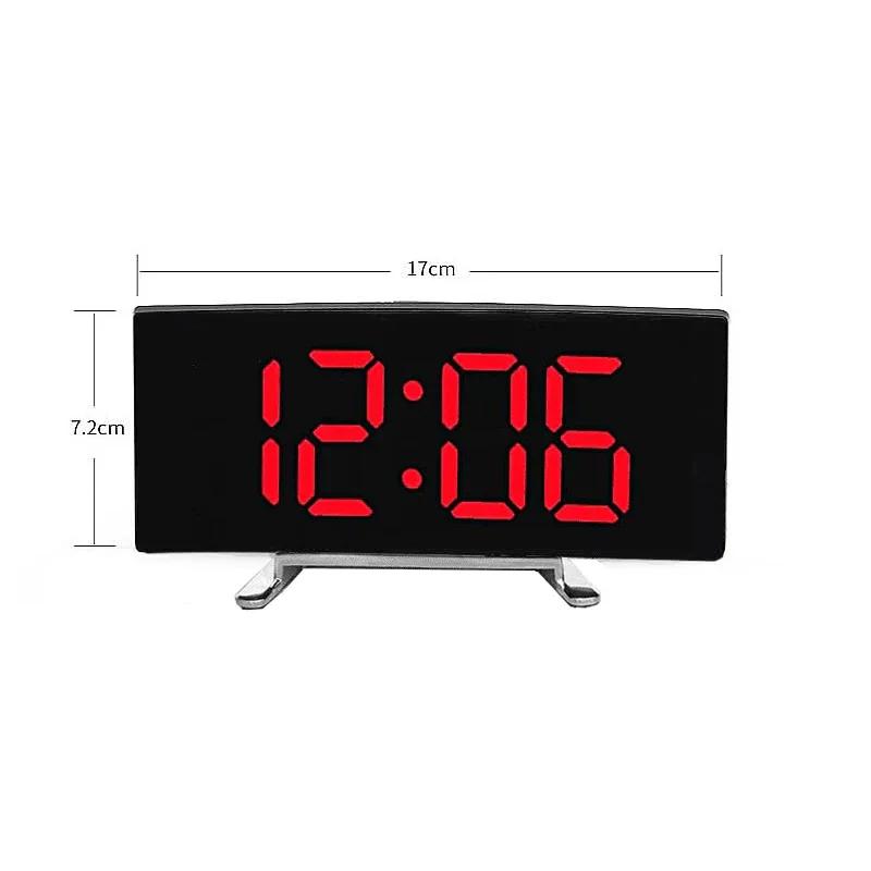Ceas de alarmă electronic cu ecran curbat, Ceas de birou cu afișaj LED digital, Ceas de alarmă digital cu oglindă cu design silențios