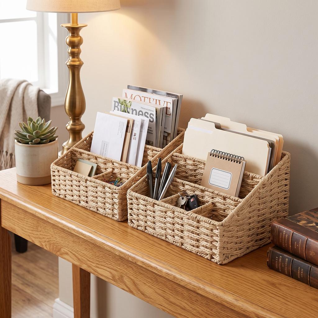 2pcs Woven Mail Desk File Holder Paper Rope Iron Frame Natural Tabletop Modern Storage for Letters Magazine Stationery Small It