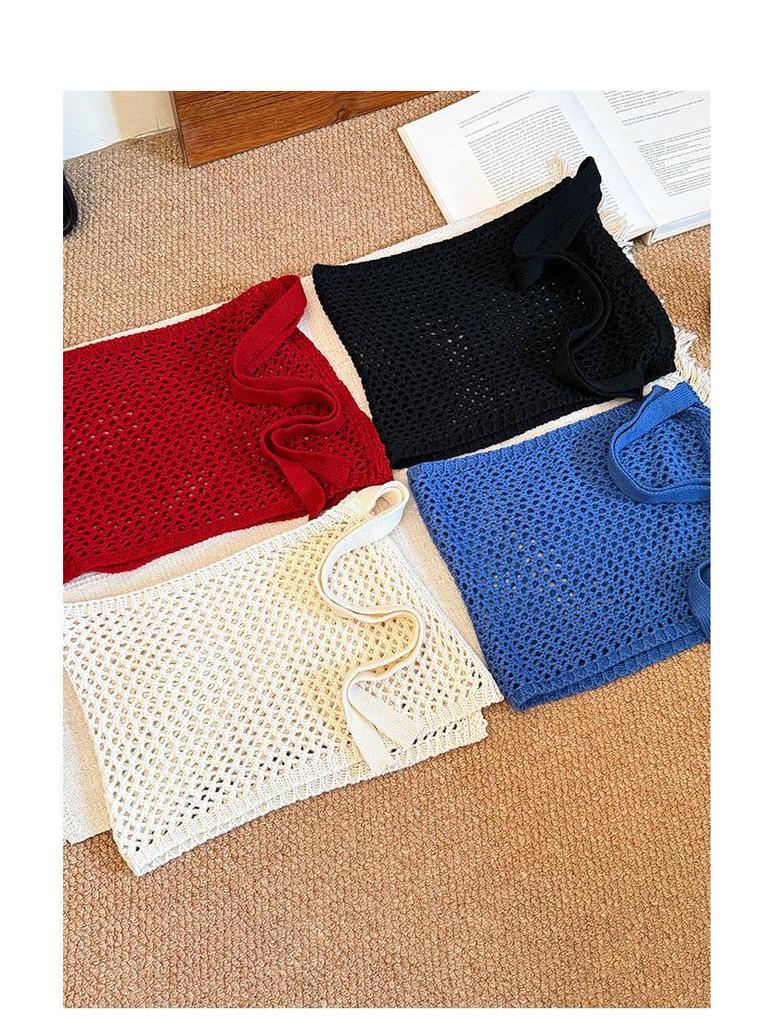 Korean Style Red Knit Hollow Skirt with Decorative Straps - Women's Spring/Summer Layered Outerwear