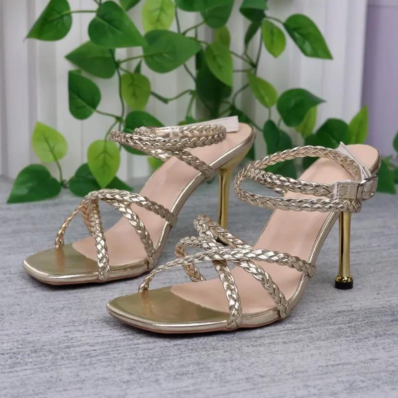 Hot Selling Versatile New Summer High Heels Women's Round Toe Thin Strap Patent Leather Open Toe Slim Buckle Large Size Sandals