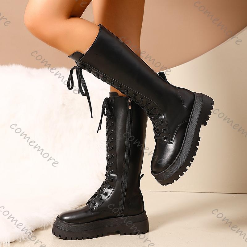 Comemore Women's Chunky Platform Knee High Boots Thick Sole Leather Motorcycle Boots Woman Autumn Winter Punk Long Botas