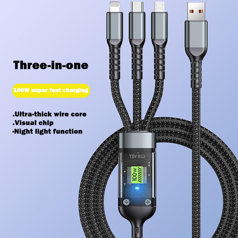 1.2/2M 100W 3 in 1 Fast Charging Data Cable Transparent Fast Charging Cable Type C USB Micro Charging Cable with Digital Display