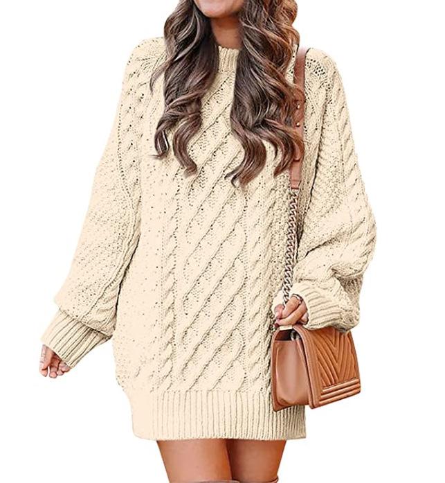 Women's Plus Size Loose Knit Sweater with Semi-High Neck - Chunky and Solid Color