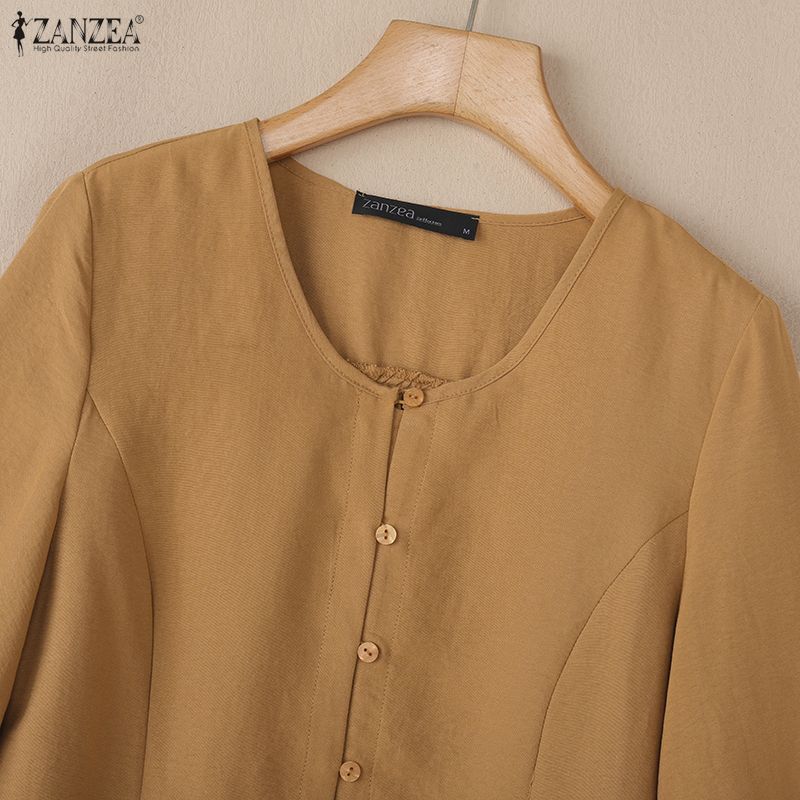 ZANZEA Women Casual Round Neck Solid Color 3/4 Sleeve Blouse