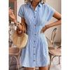 Fashion Fashion Commuter Ol Single-Breasted Blue Stripes Cardigan Casual Shoulder Short Sleeve Shirt Dress Dress