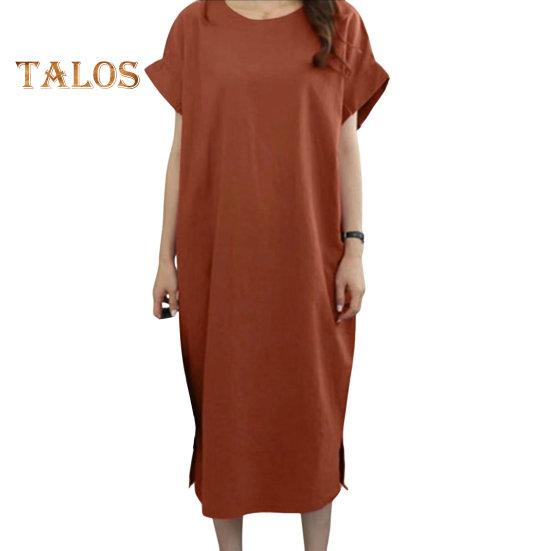 

Женское летнее платье с короткими рукавами и круглым вырезом, свободное прямое платье с боковым разрезом, мягкое дышащее платье больших размеров, повседневное платье миди длиной до середины икры для путешествий 4XL кирпич красный