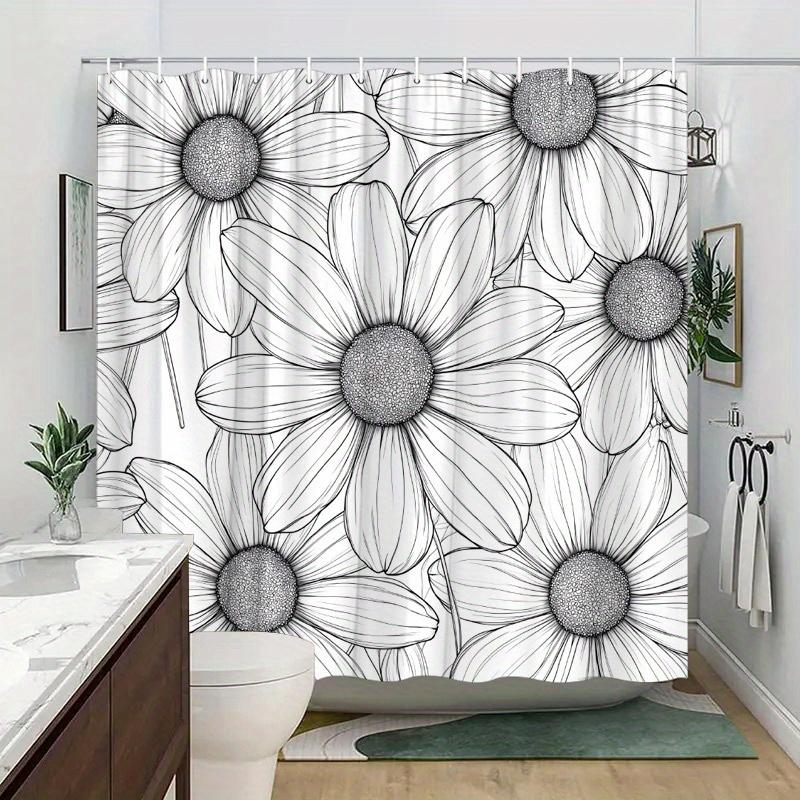 Elegant Daisy Cluster Shower Curtain - Black & White Botanical Art, Polyester, Washable Bath Decor For Modern Interiors