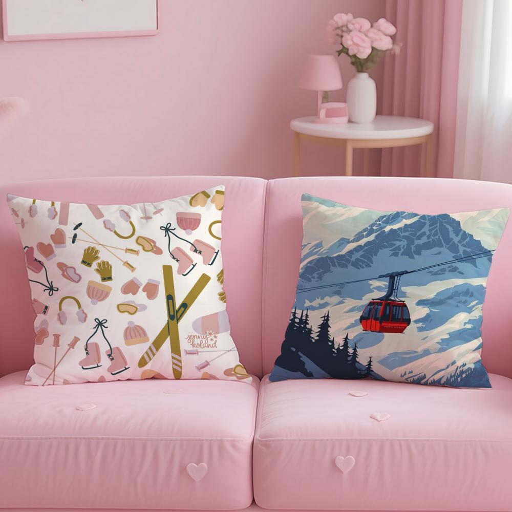 Ski Resort Prop Pillow Case Soft Plush Fabric Double-Sided Printed Cushion Cover Warm Winter Sofa Pillow Case
