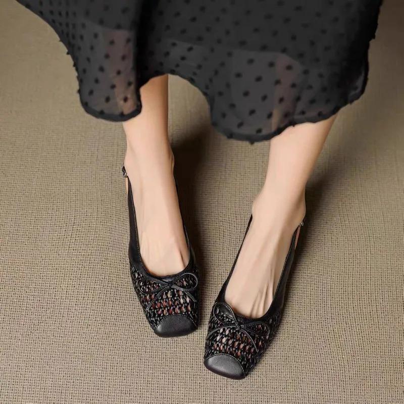 Retro Square Toe Woven High Heeled Sandals Summer Fashionable Breathable Single Buckle Thick Heeled Women's Shoes