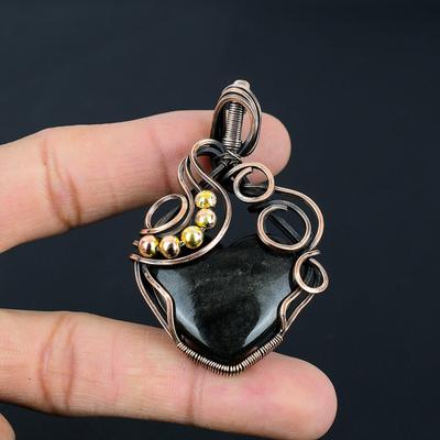 Pendentif fait main en obsidienne argentée et brillante, en fil de cuivre pur
