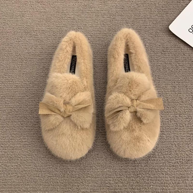Fashion Women Furry Flats Shoes Fashion Butterfly-knot Slip on Shoes Warm Cartoon House Shoes for Winter