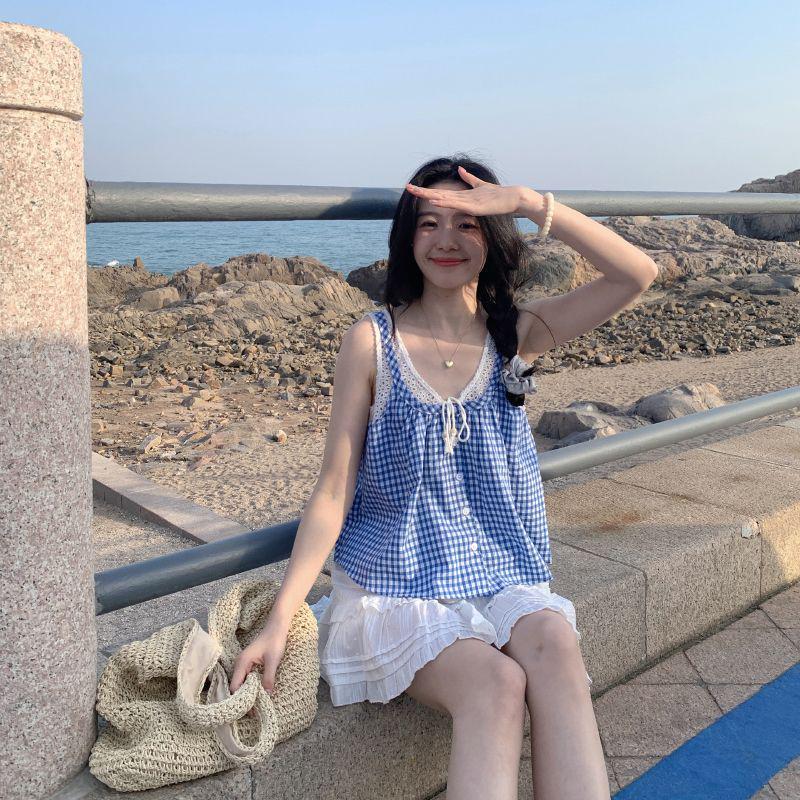 

Lace-Up Plaid Ruffle Tank - Sleeveless Patchwork Camisole L (Recommended: 110-120 jin)