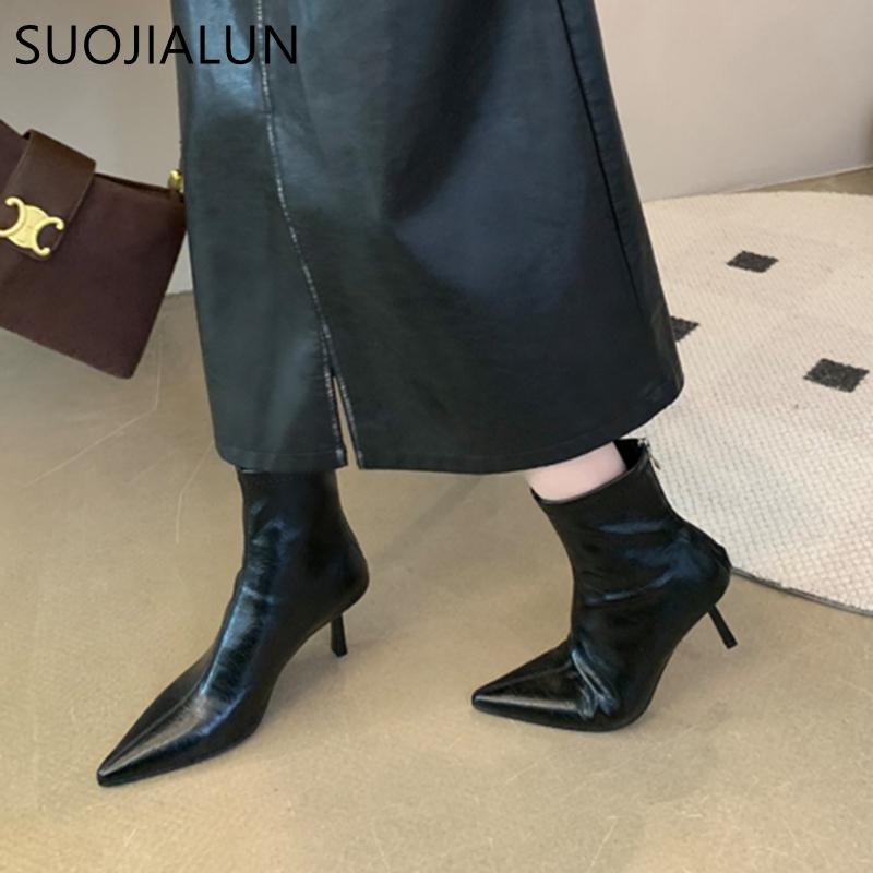 Fashion SUOJIALUN 2024 Winter New Brand Women Ankle Boots Fashion Pointed Toe Ladies Elegant Short Boots Shoes Thin High Heel Chelsea Pu