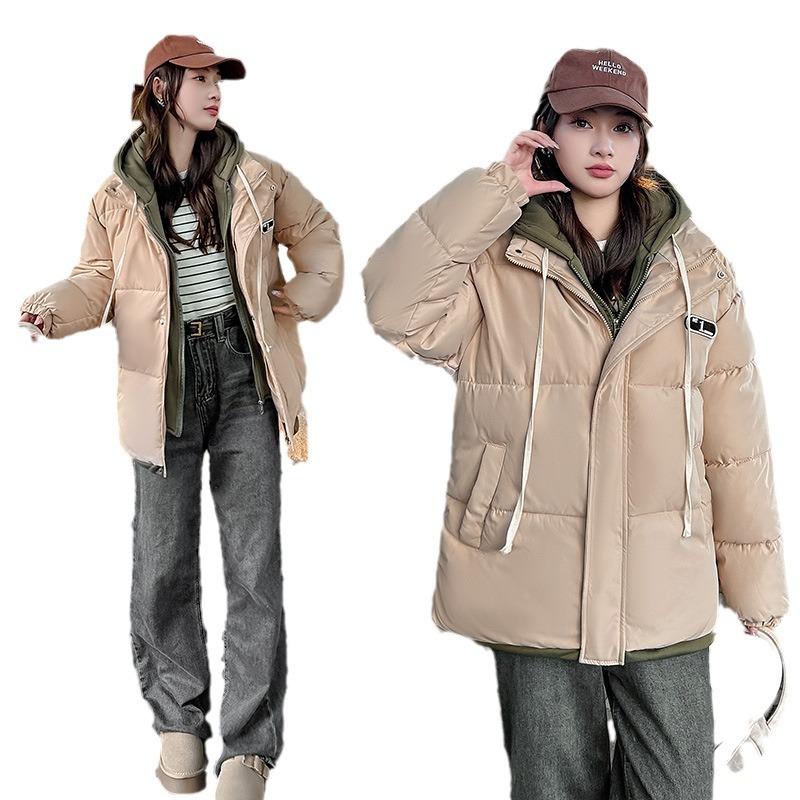 Fake Two Thickened Cotton Clothes Cotton Clothes Women's Winter 2025 New Loose Plus Size Casual Student Padded Jacket with Hood