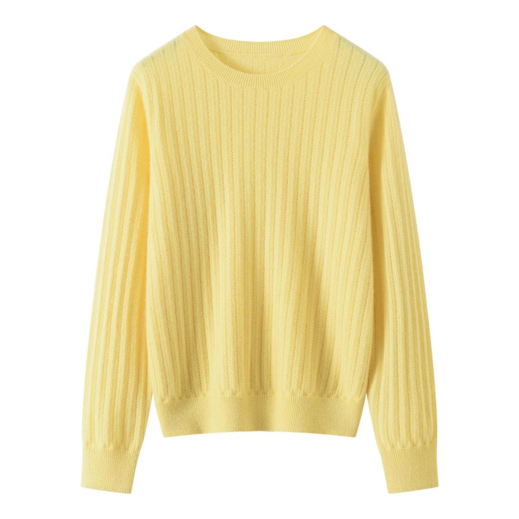 Women's Pure Cashmere Vertical Stripe Hollow Round Neck Sweater - Autumn/Winter 12-gauge Single-ply