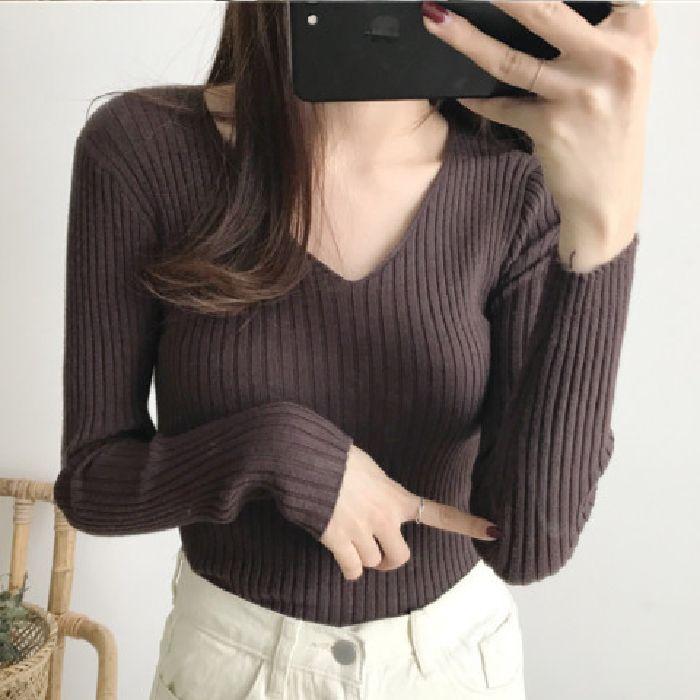 V-neck Women's Knitted Sweater, Long-sleeved, Versatile Base Layer Sweater
