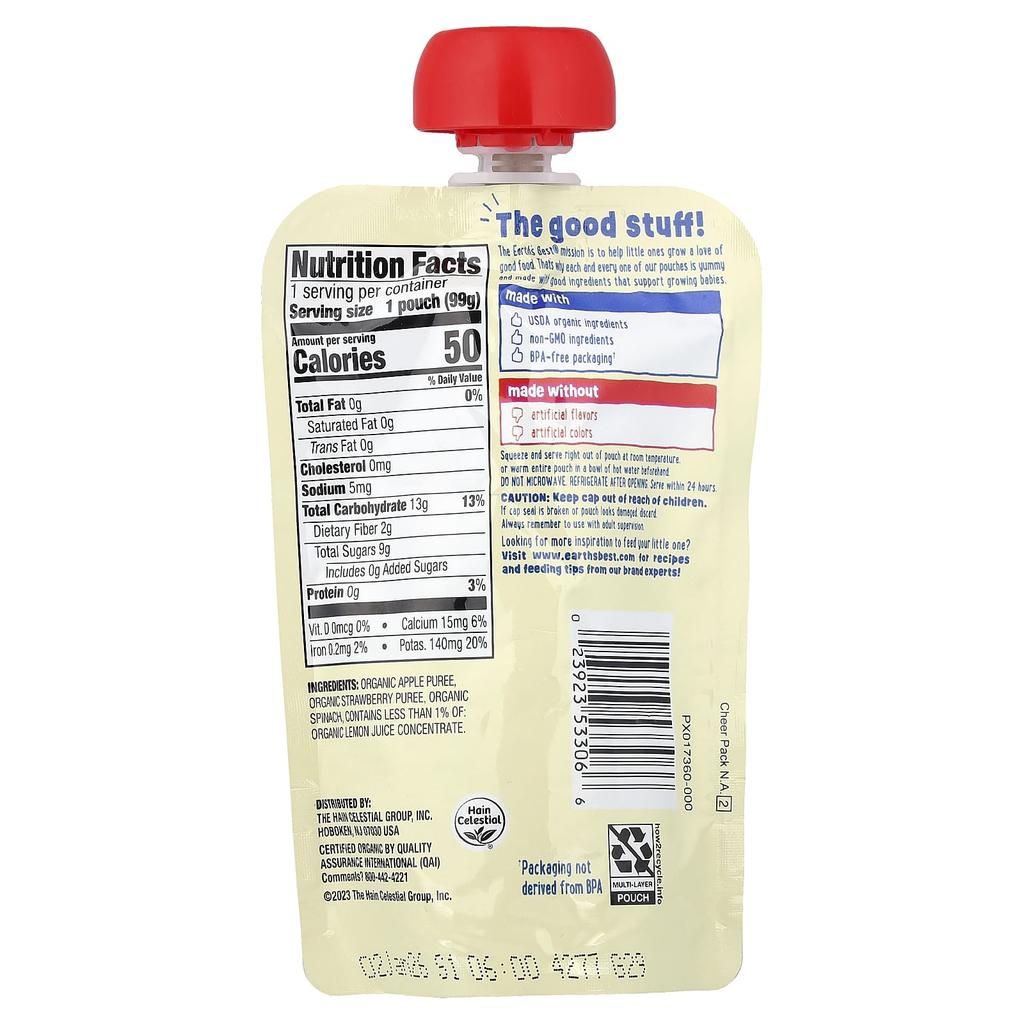 Earth's Best Organic Fruit + Vegetable Puree, 6+ Months, Apple Strawberry Spinach, 3.5 Oz (99 G)