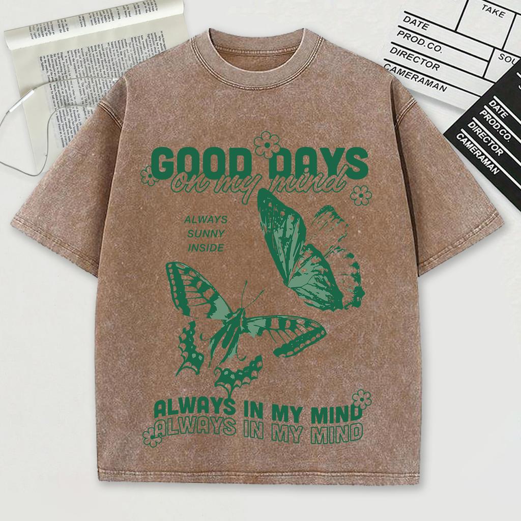 Good Days On My Mund Print Men Washed Tee Shirts Soft Cotton T-Shirt Crewneck Casualwear Street Unisex Short Sleeve
